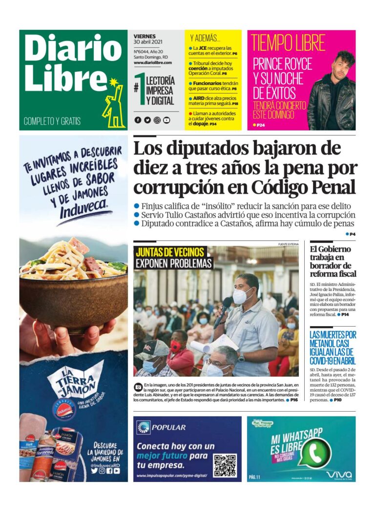 Portada Periódico Diario Libre, Viernes 30 de Abril, 2021