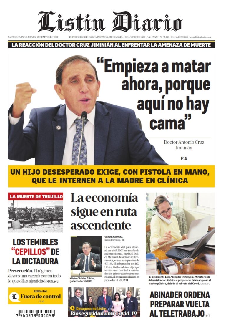 Portada Periódico Listín Diario, Jueves 27 de Mayo, 2021