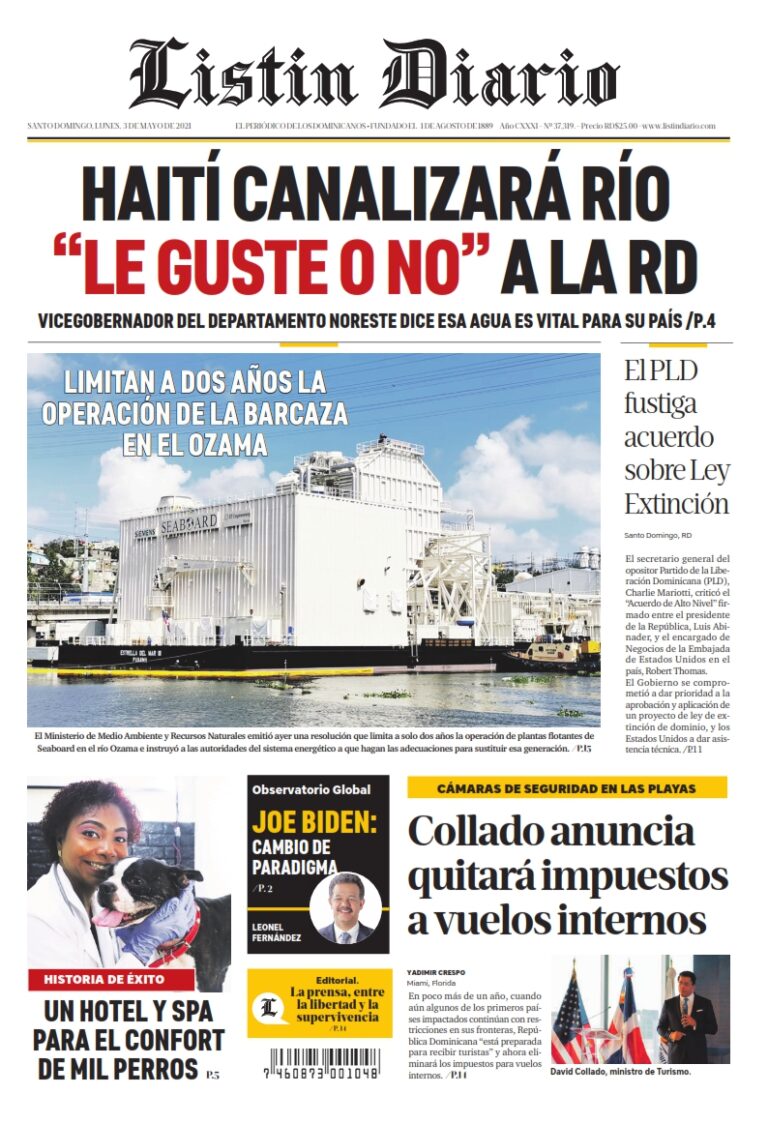 Portada Periódico Listín Diario, Lunes 03 de Mayo, 2021