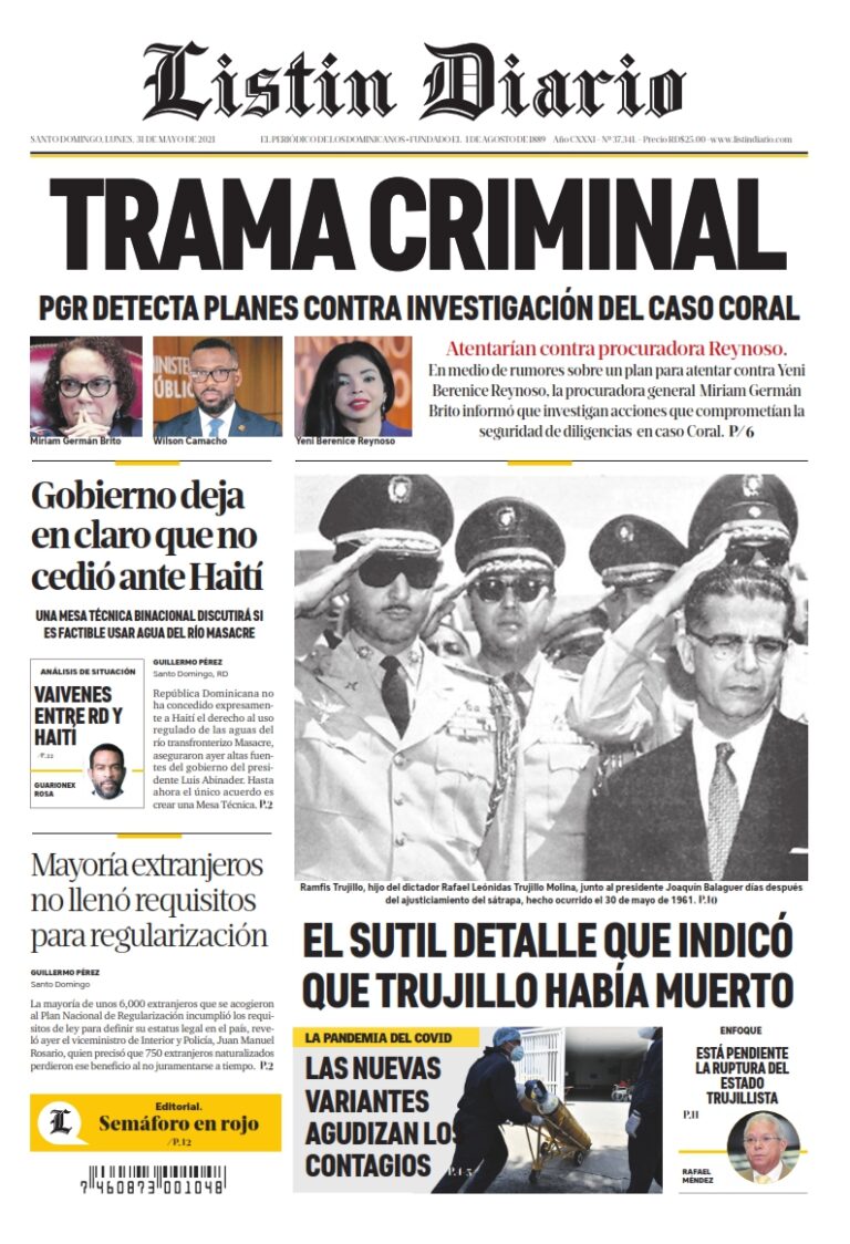 Portada Periódico Listín Diario, Lunes 31 de Mayo, 2021