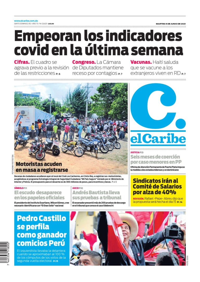 Portada Periódico El Caribe, Martes 08 Junio, 2021
