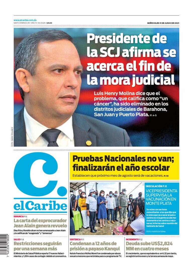 Portada Periódico El Caribe, Miércoles 09 Junio, 2021