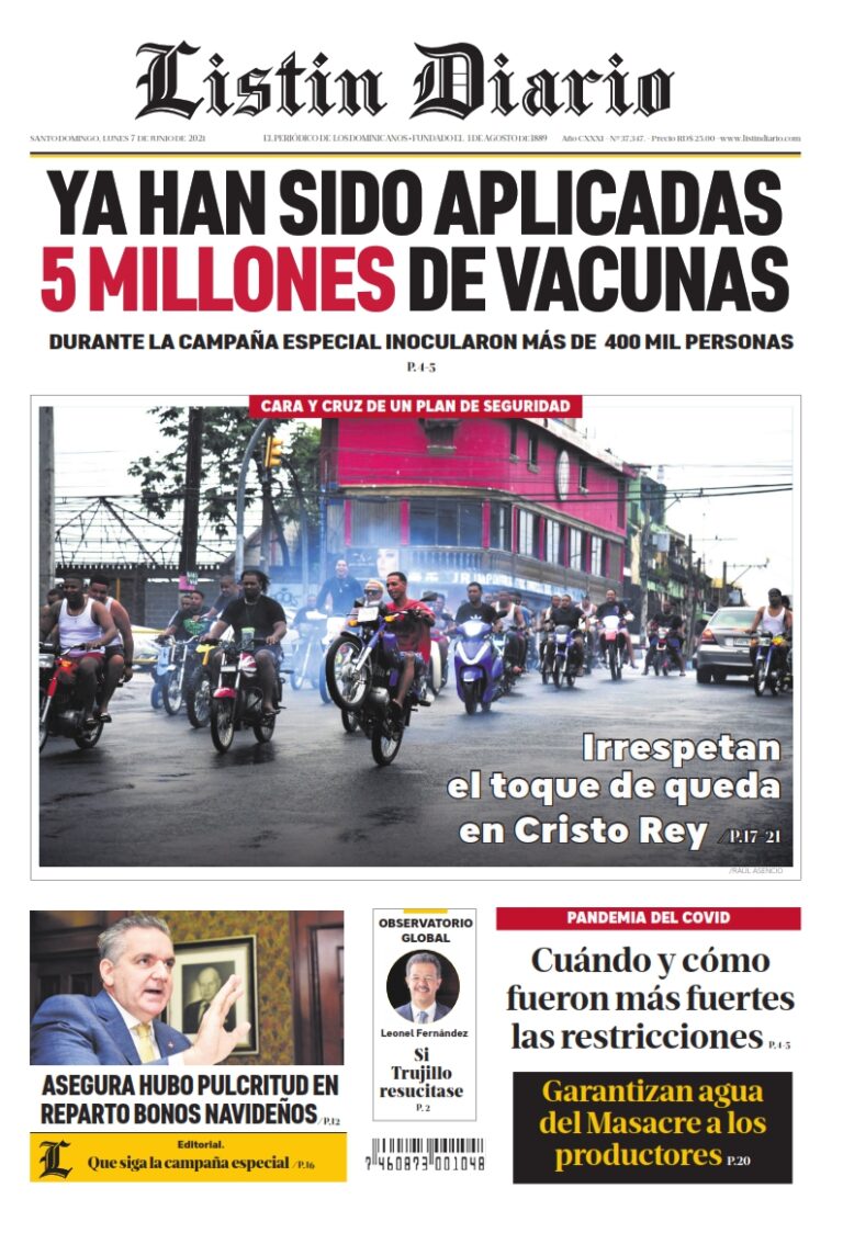 Portada Periódico Listín Diario, Lunes 07 Junio, 2021