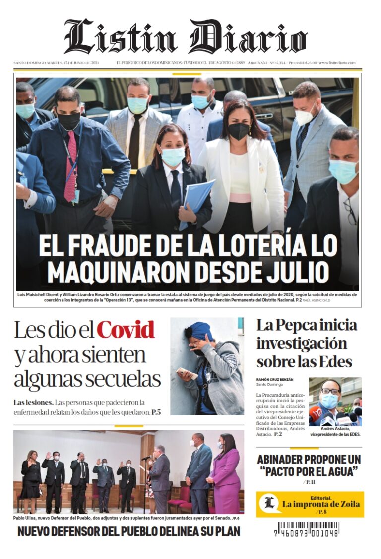 Portada Periódico Listín Diario, Martes 15 Junio, 2021