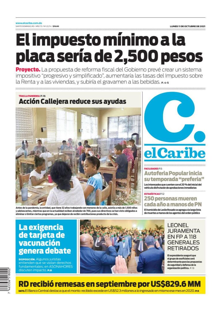 Portada Periódico El Caribe, Lunes 11 Octubre, 2021