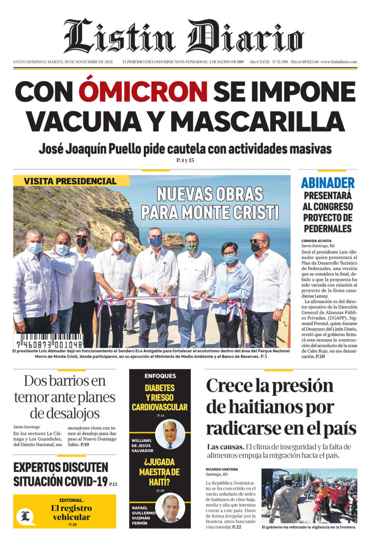 Portada Periódico Listín Diario, Martes 30 Noviembre, 2021