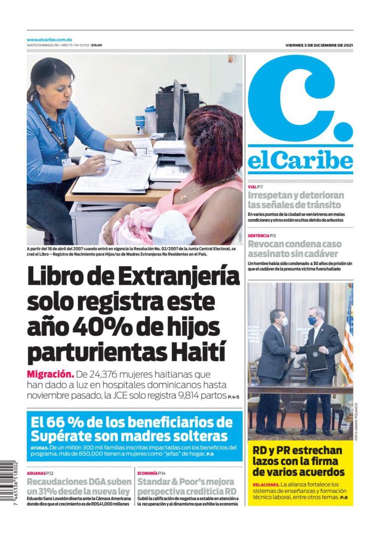 Portada Periódico El Caribe, Viernes 03 Diciembre, 2021