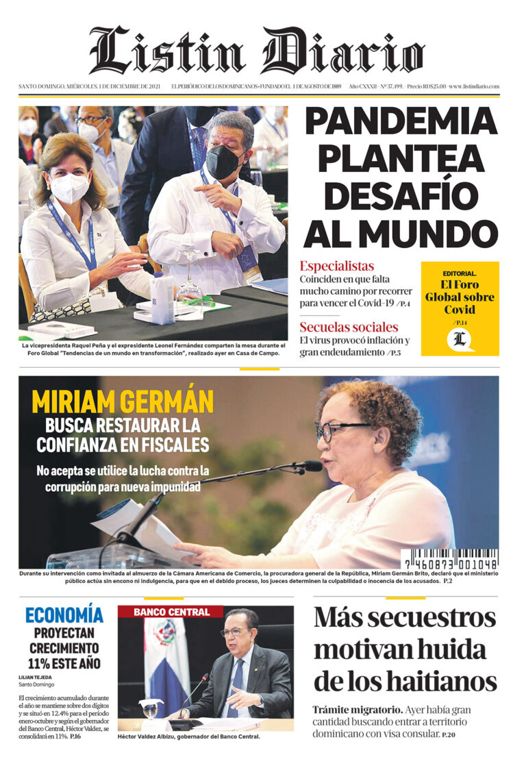 Portada Periódico Listín Diario, Martes 01 Diciembre, 2021
