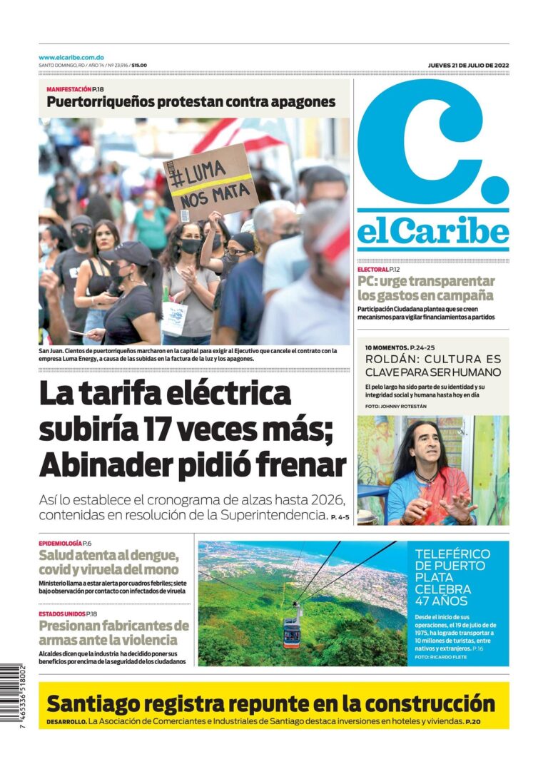 Portada Periódico El Caribe, Jueves 21 Julio, 2022