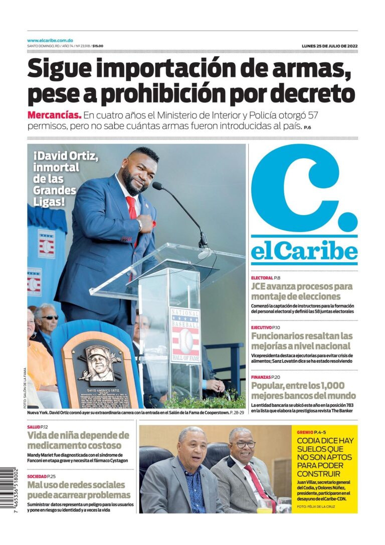 Portada Periódico El Caribe, Lunes 25 Julio, 2022