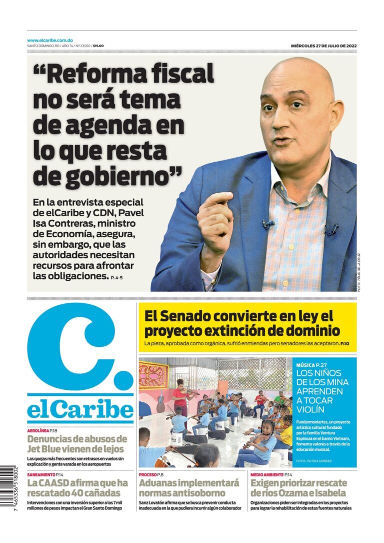 Portada Periódico El Caribe, Miércoles 27 Julio, 2022