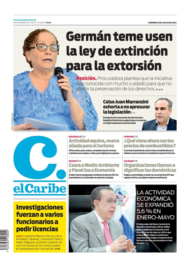 Portada Periódico El Caribe, Viernes 08 Julio, 2022