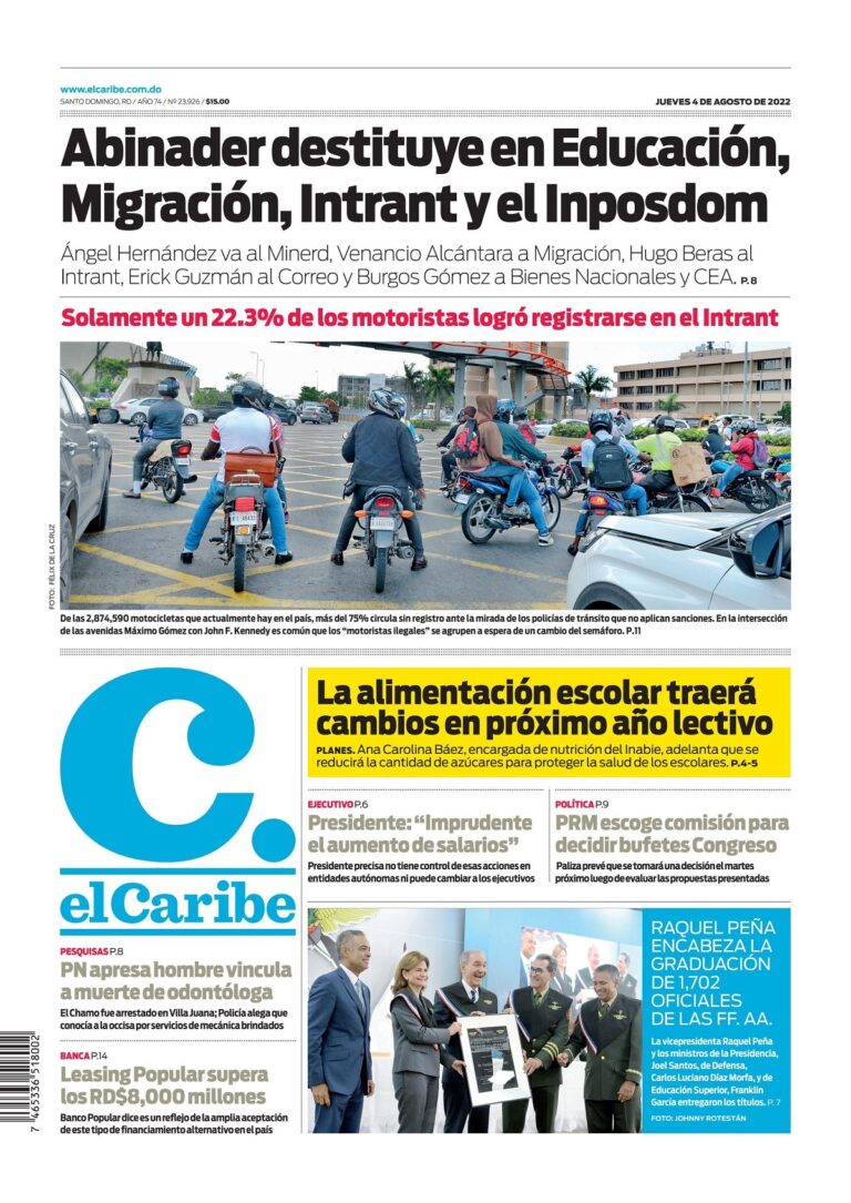 Portada Periódico El Caribe, Jueves 04 Agosto, 2022