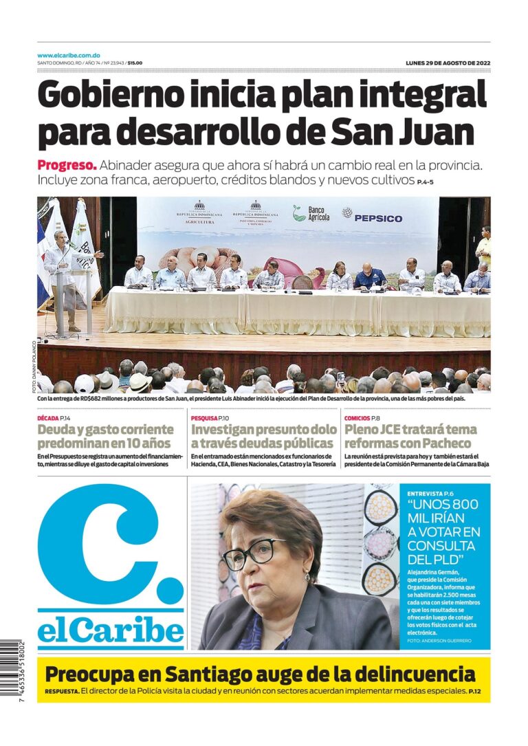 Portada Periódico El Caribe, Lunes 29 Agosto, 2022