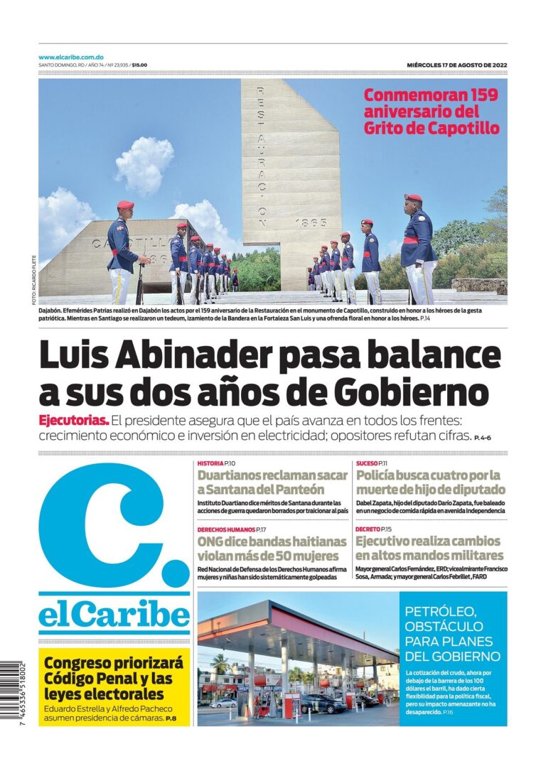 Portada Periódico El Caribe, Miércoles 17 Agosto, 2022