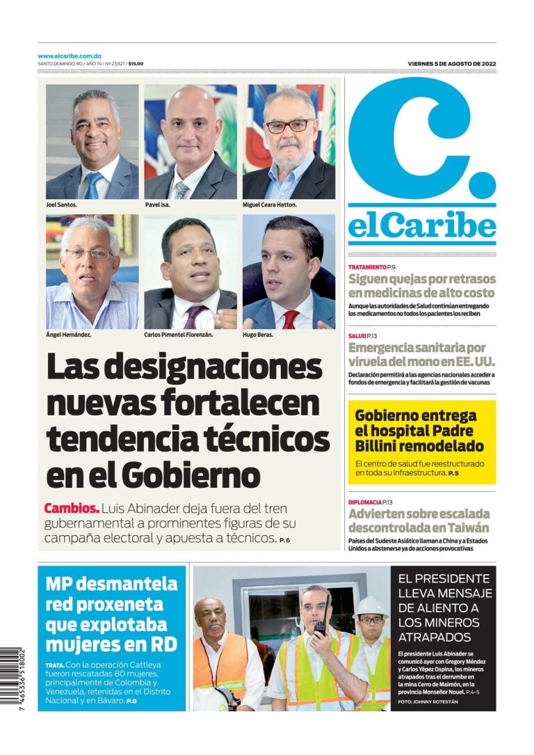 Portada Periódico El Caribe, Viernes 05 Agosto, 2022