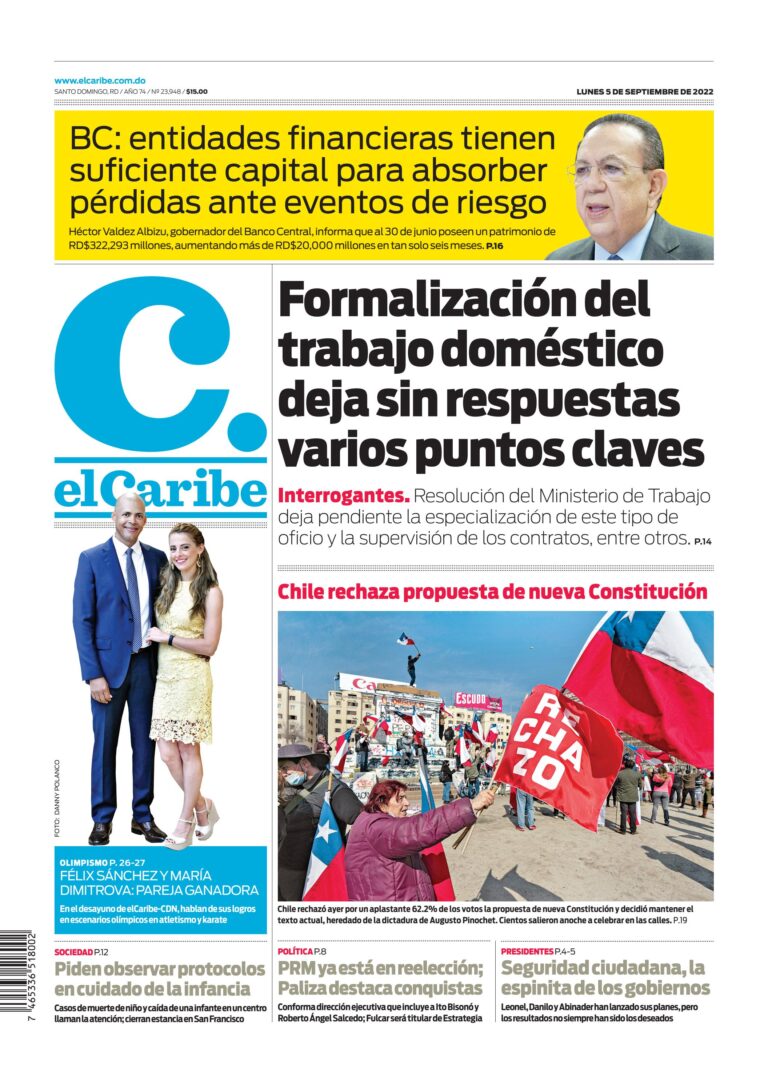 Portada Periódico El Caribe, Lunes 05 Septiembre, 2022
