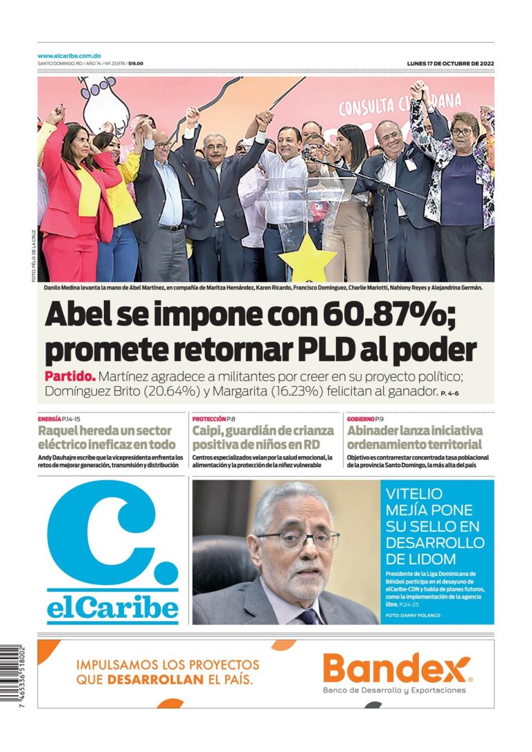Portada Periódico El Caribe, Lunes 17 Octubre, 2022