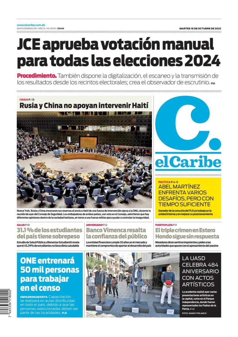 Portada Periódico El Caribe, Martes 18 Octubre, 2022