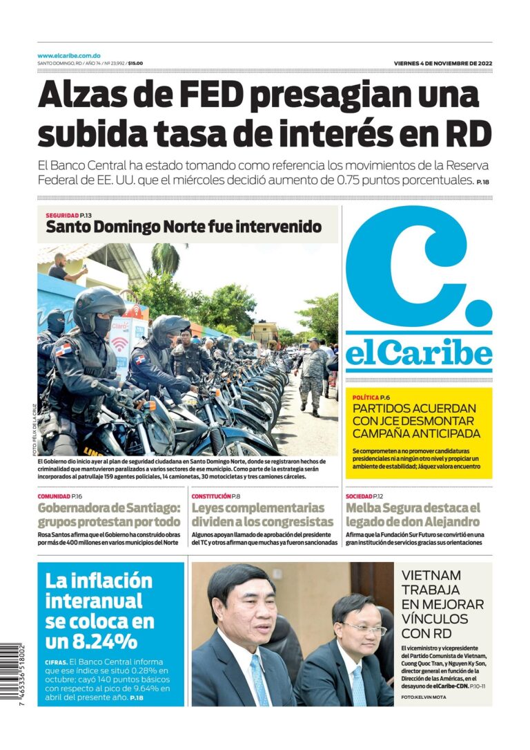 Portada Periódico El Caribe, Jueves 04 Noviembre, 2022