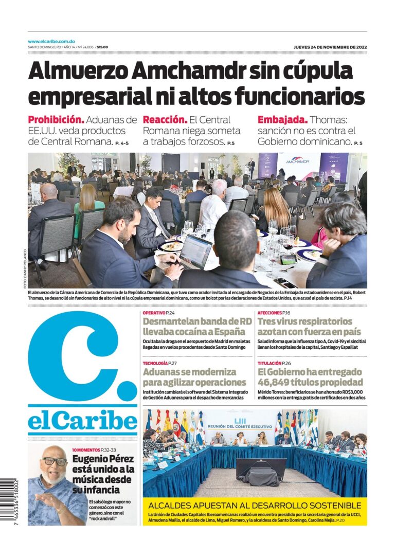 Portada Periódico El Caribe, Jueves 24 Noviembre, 2022