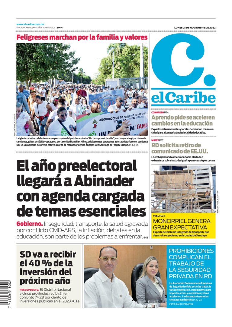 Portada Periódico El Caribe, Lunes 21 Noviembre, 2022