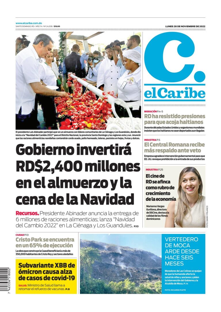 Portada Periódico El Caribe, Lunes 28 Noviembre, 2022