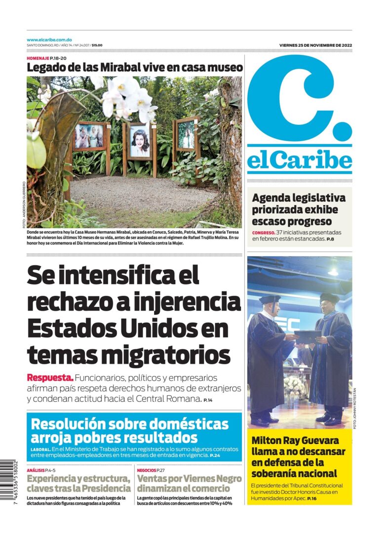 Portada Periódico El Caribe, Viernes 25 Noviembre, 2022