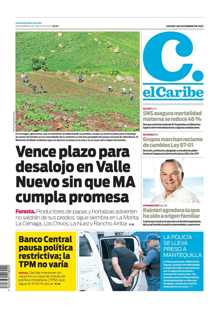 Portada Periódico El Caribe, Jueves 01 Diciembre, 2022