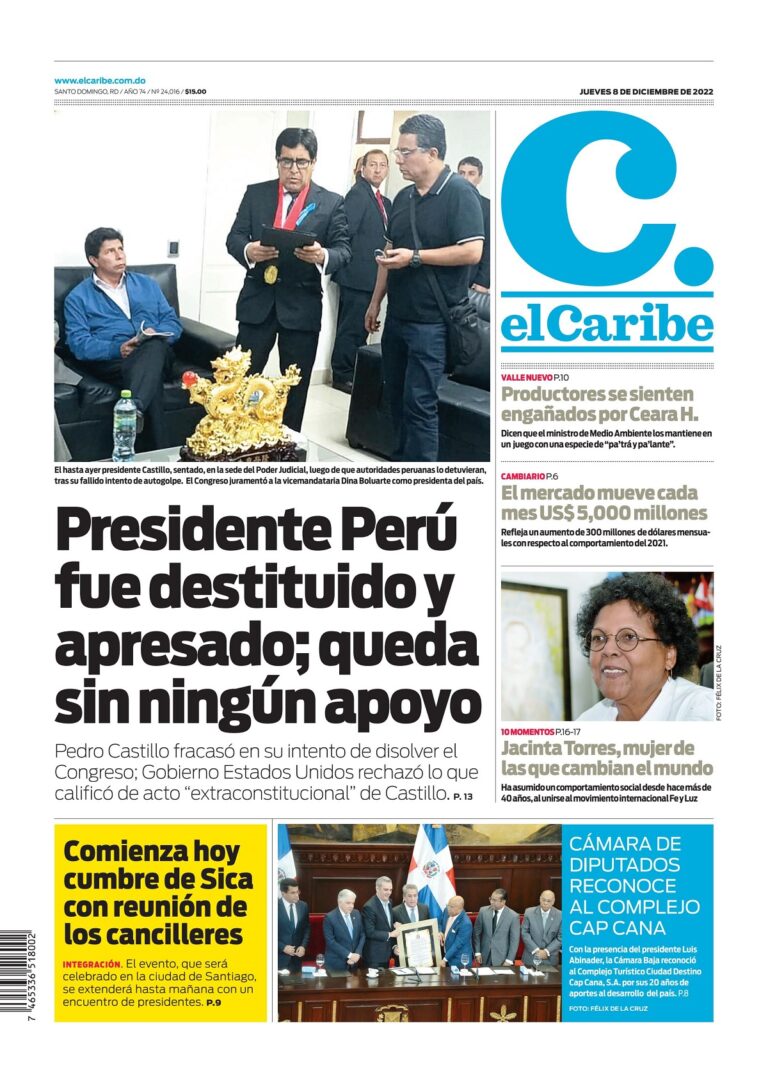 Portada Periódico El Caribe, Jueves 08 Diciembre, 2022