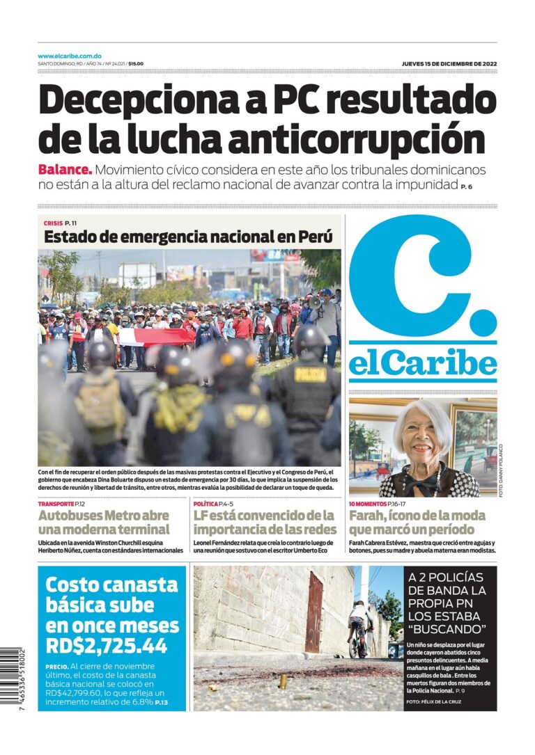 Portada Periódico El Caribe, Jueves 15 Diciembre, 2022