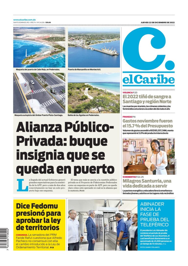 Portada Periódico El Caribe, Jueves 22 Diciembre, 2022