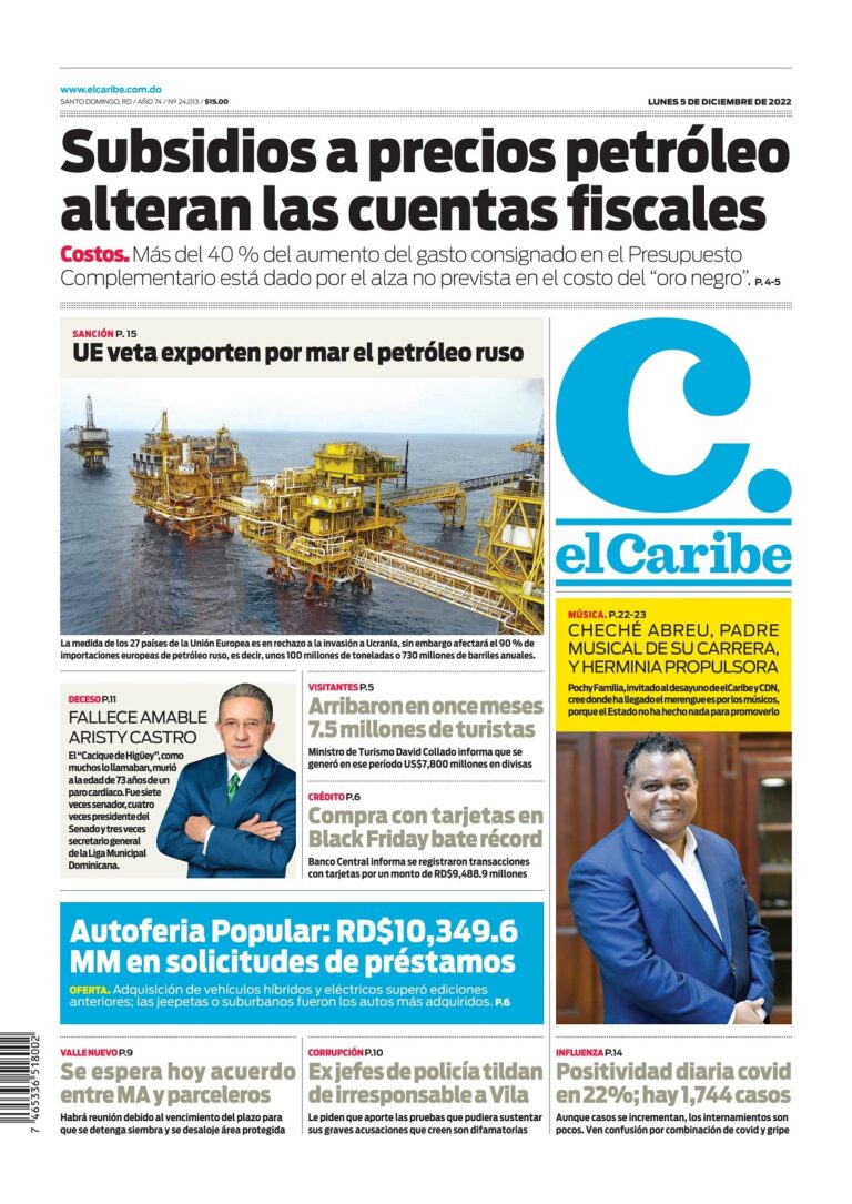 Portada Periódico El Caribe, Lunes 05 Diciembre, 2022