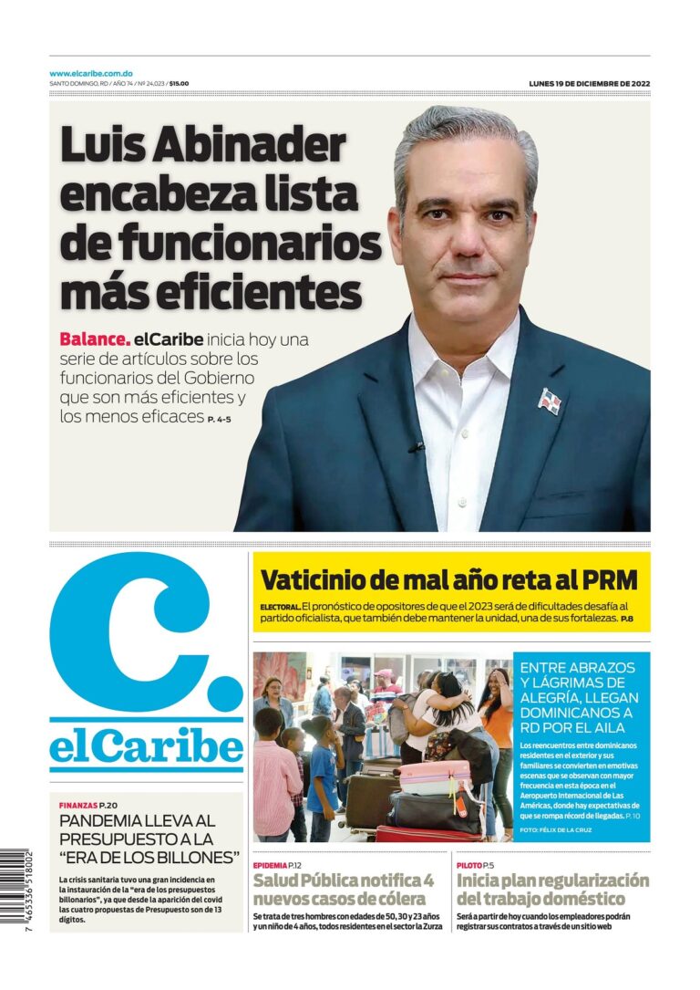 Portada Periódico El Caribe, Lunes 19 Diciembre, 2022