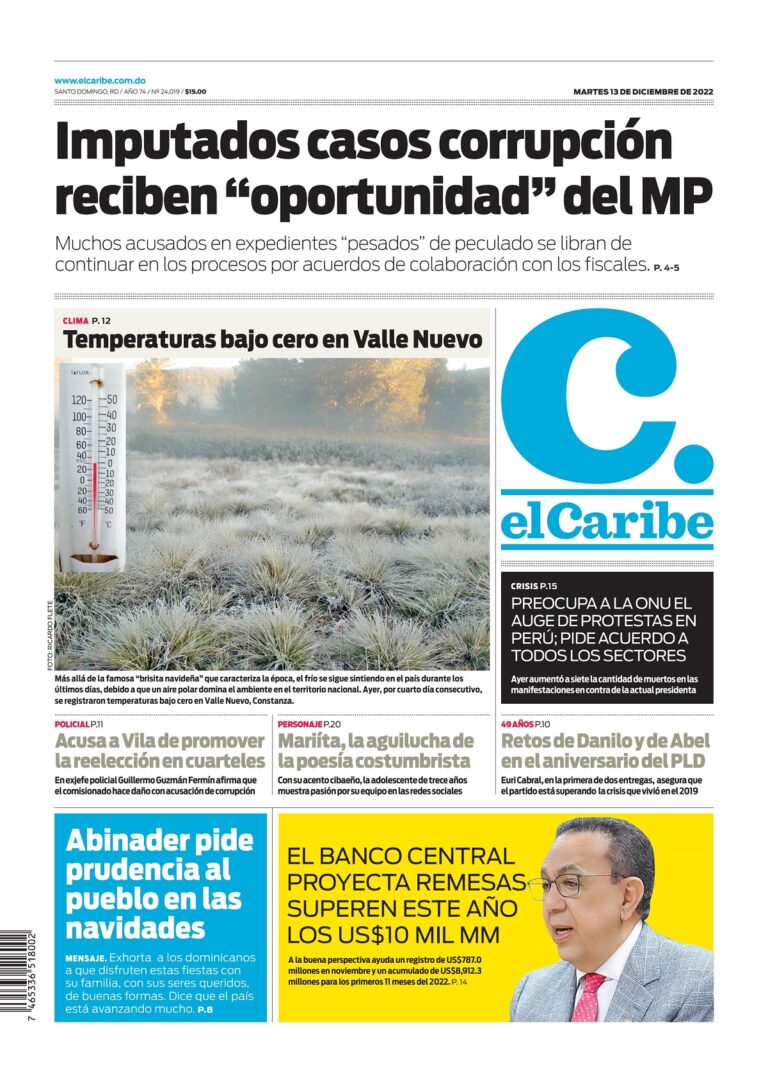 Portada Periódico El Caribe, Martes 13 Diciembre, 2022
