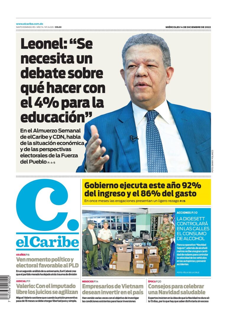 Portada Periódico El Caribe, Miércoles 14 Diciembre, 2022