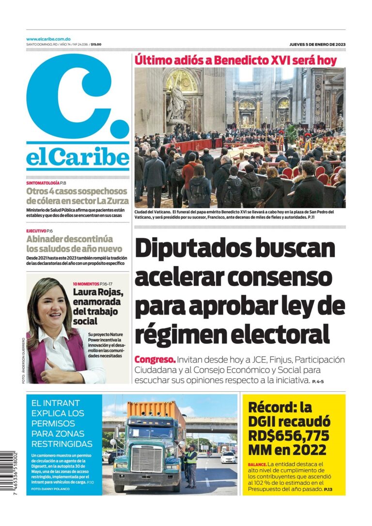 Portada Periódico El Caribe, Jueves 05 Enero, 2023