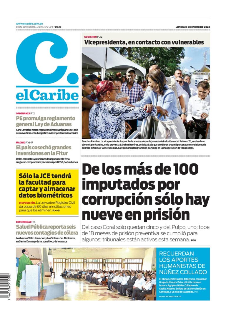 Portada Periódico El Caribe, Lunes 23 Enero, 2023