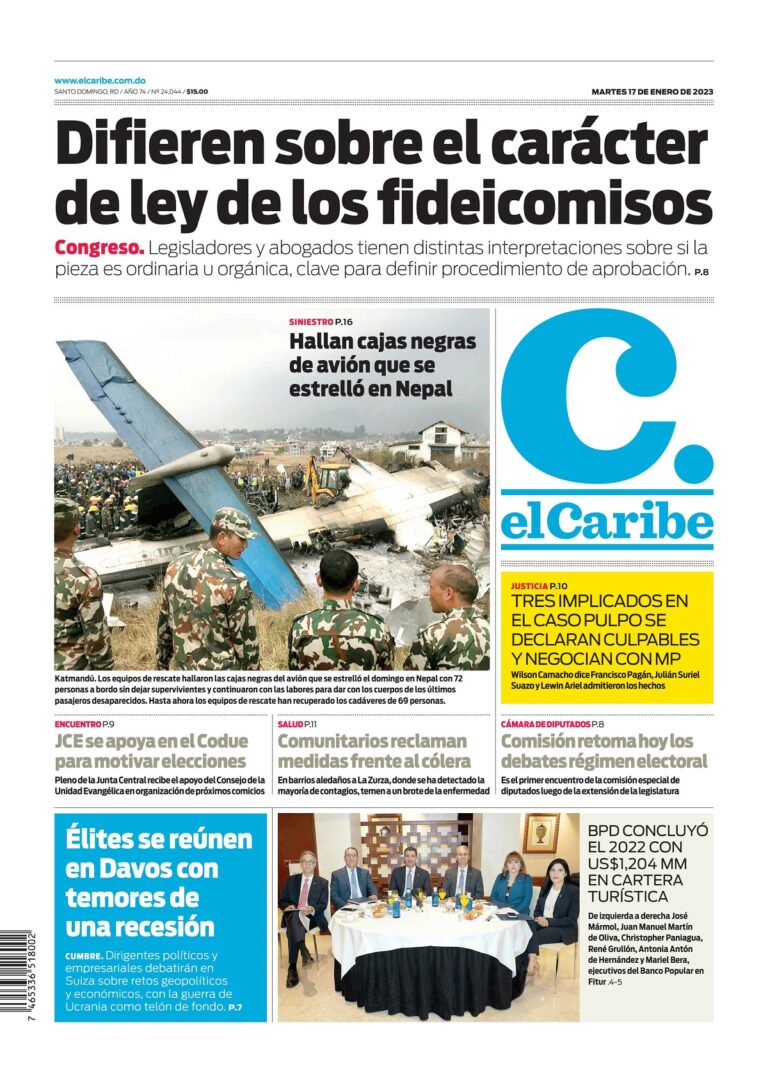 Portada Periódico El Caribe, Martes 17 Enero, 2023