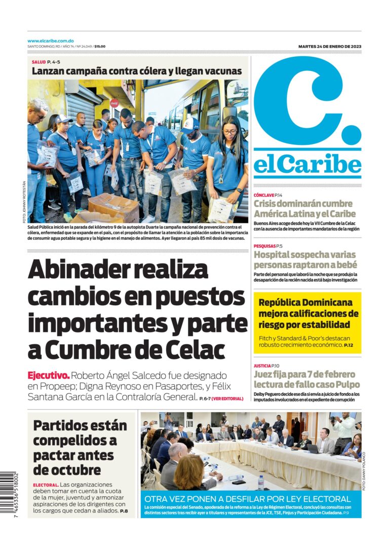 Portada Periódico El Caribe, Martes 24 Enero, 2023