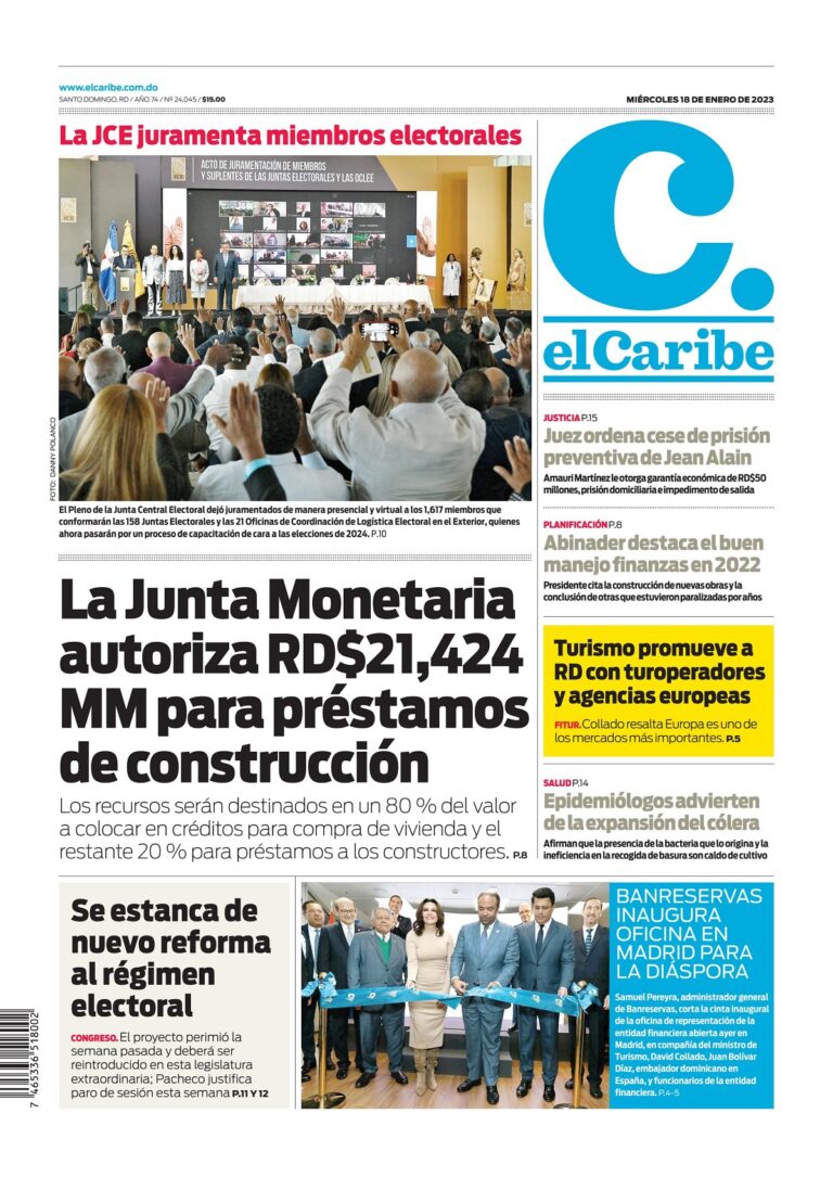 Portada Periódico El Caribe, Jueves 19 Enero, 2023