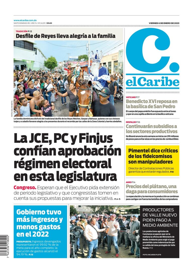 Portada Periódico El Caribe, Viernes 06 Enero, 2023