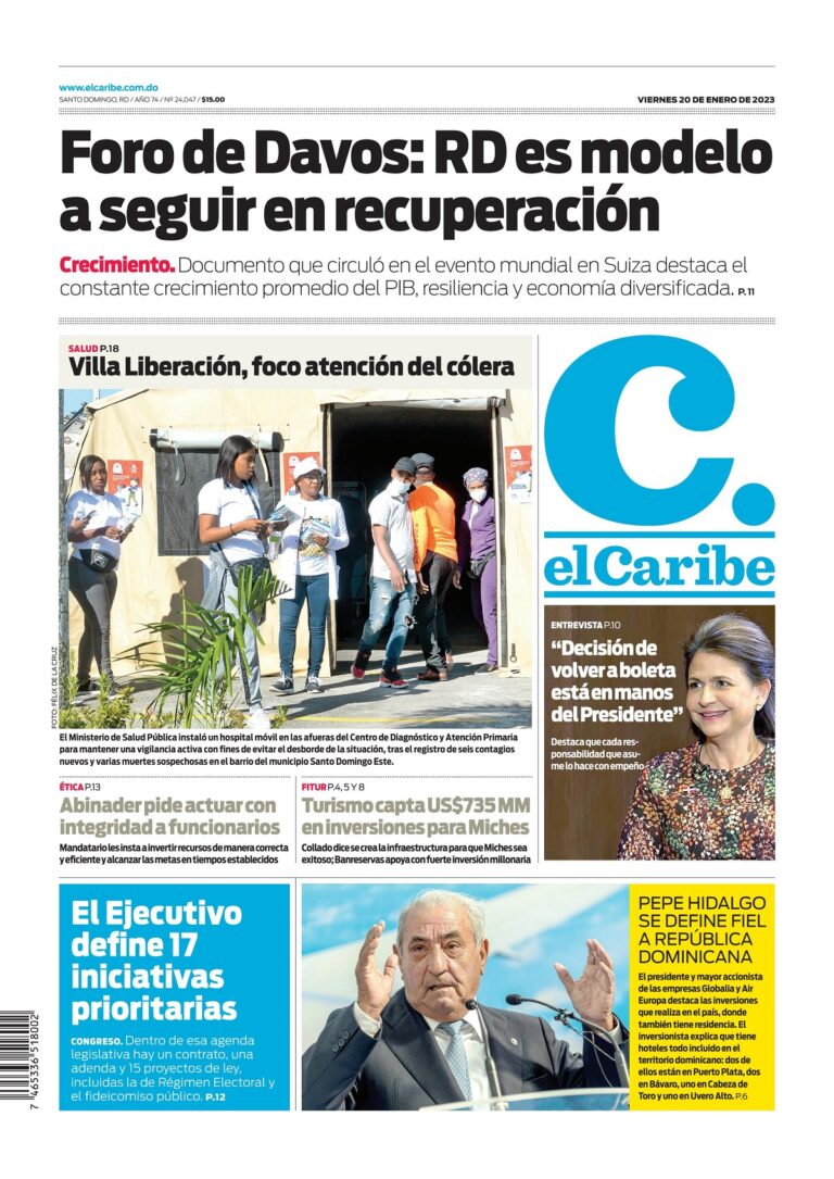 Portada Periódico El Caribe, Viernes 20 Enero, 2023