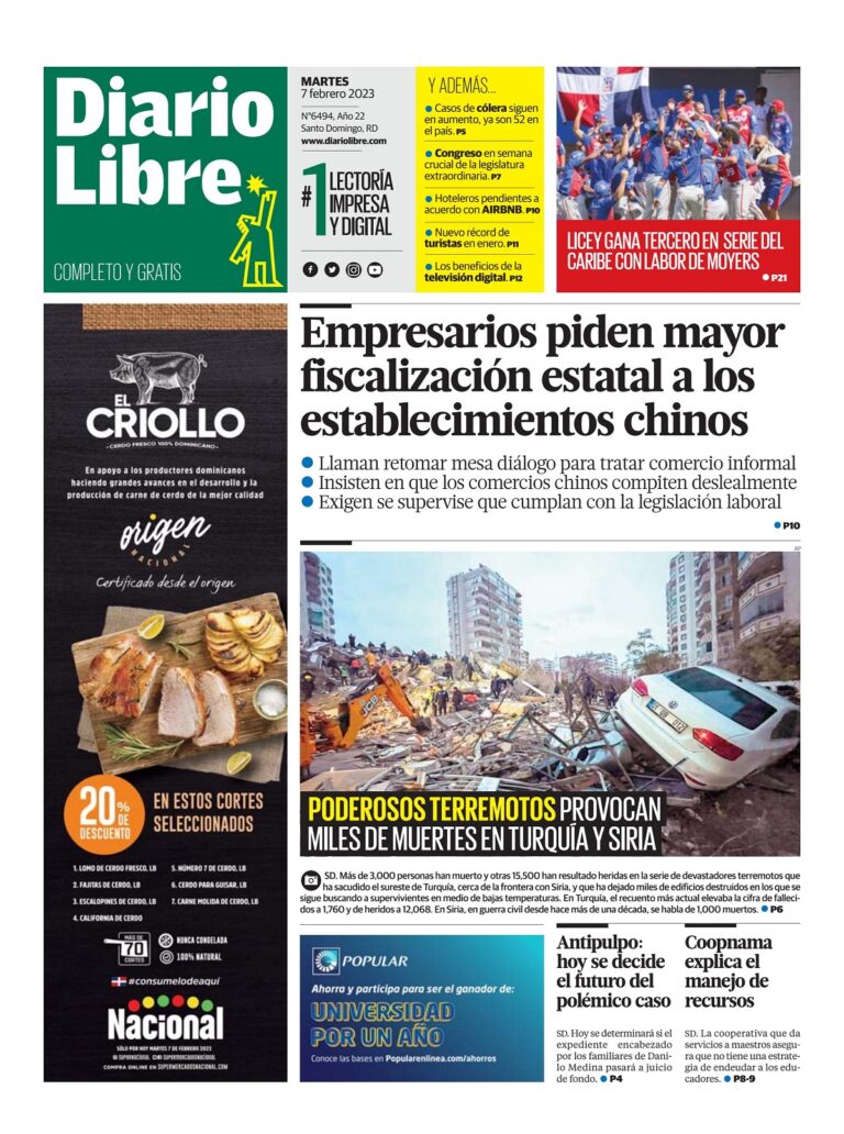 Portada Periódico Diario Libre, Martes 07 Febrero, 2023