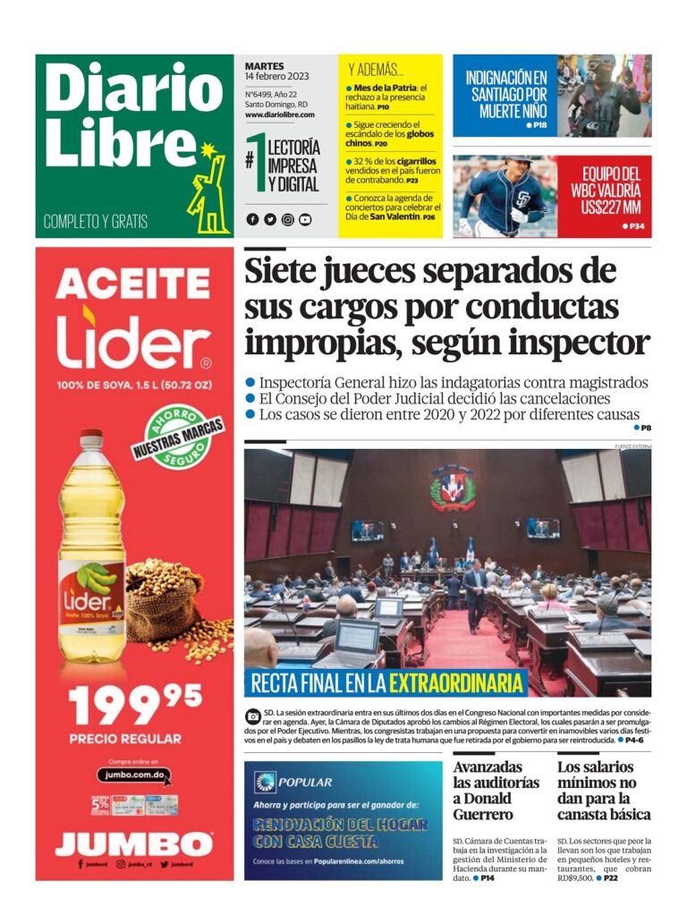 Portada Periódico Diario Libre, Martes 14 Febrero, 2023