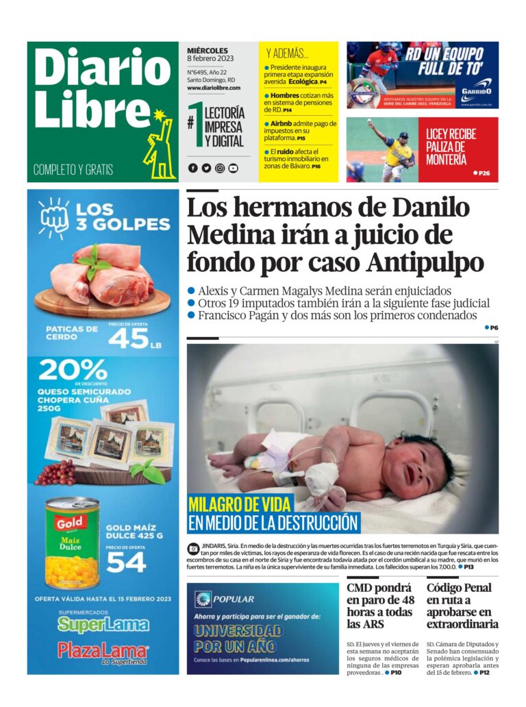 Portada Periódico Diario Libre, Miércoles 08 Febrero, 2023