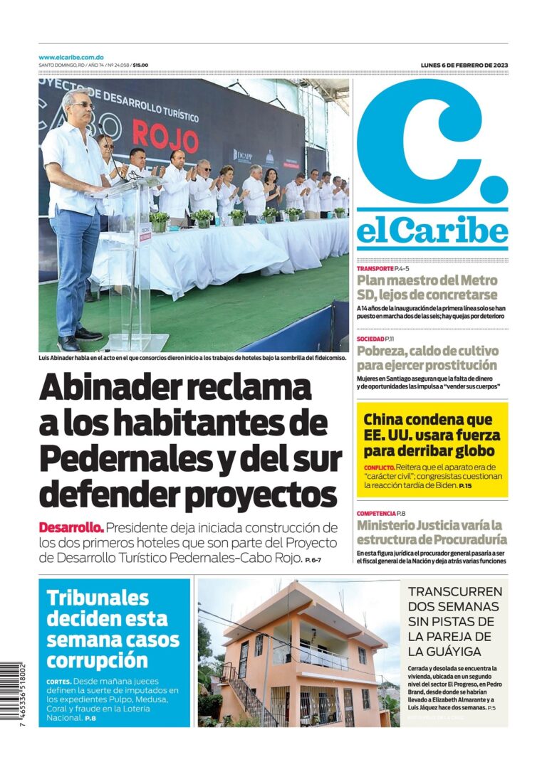 Portada Periódico El Caribe, Lunes 06 Febrero, 2023
