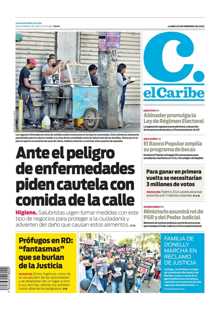 Portada Periódico El Caribe, Lunes 20 Febrero, 2023