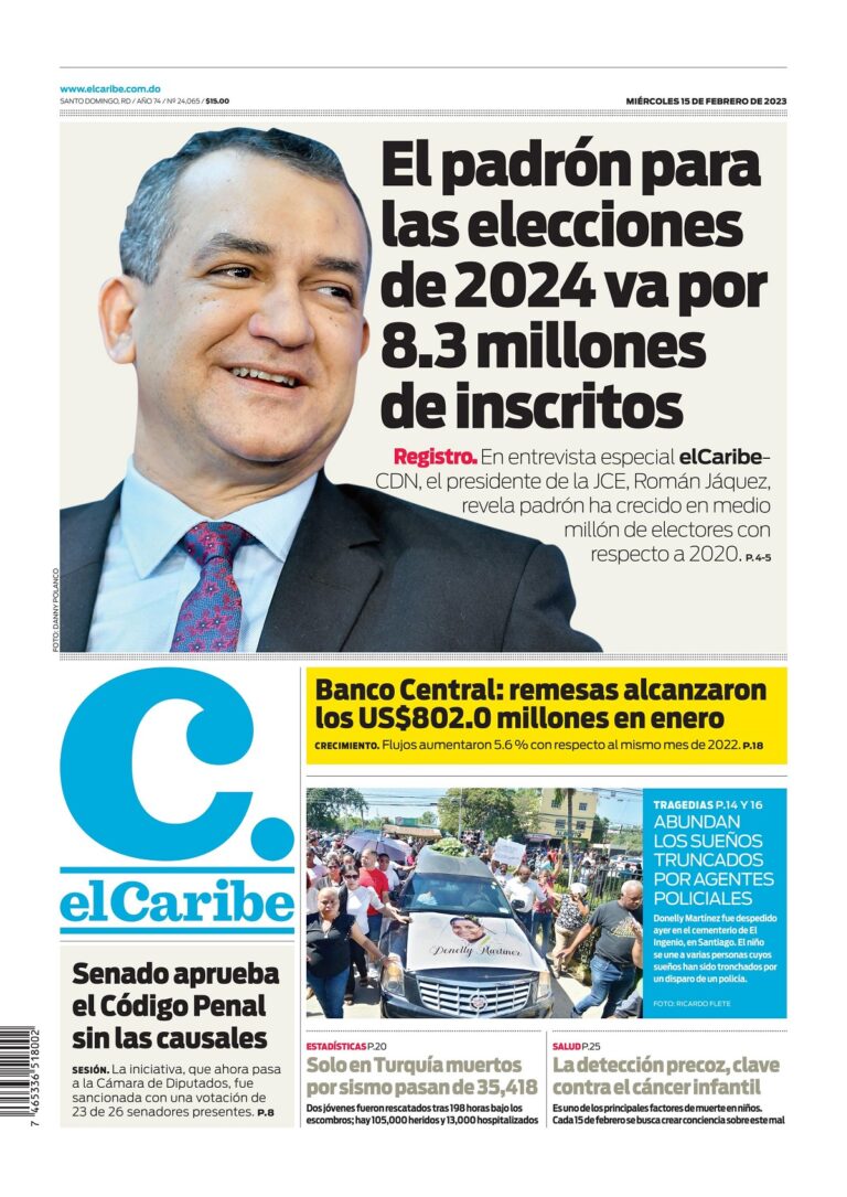 Portada Periódico El Caribe, Miércoles 15 Febrero, 2023