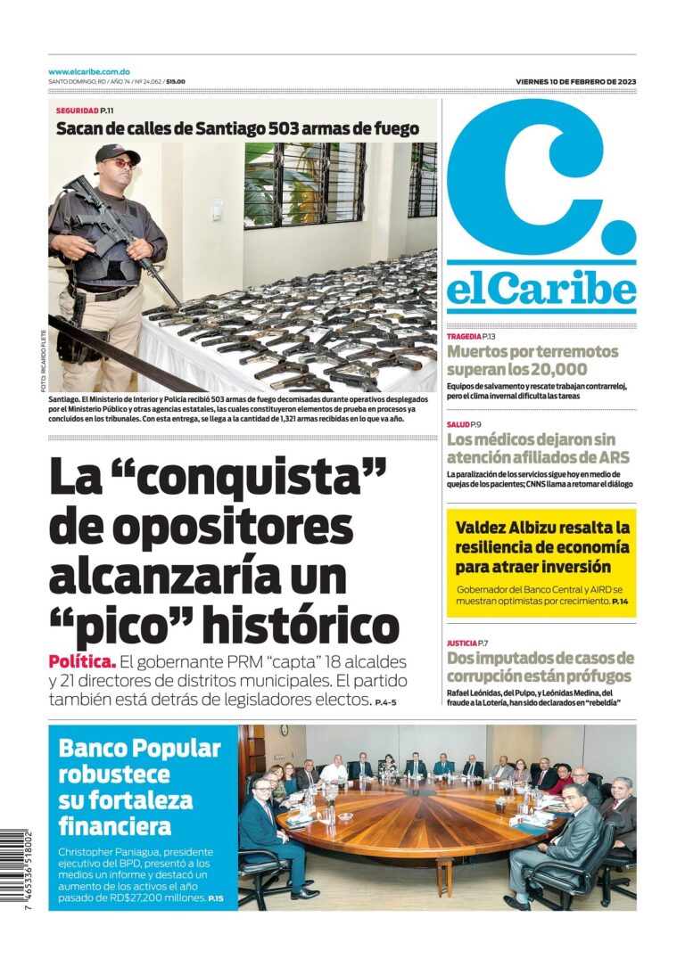 Portada Periódico El Caribe, Viernes 10 Febrero, 2023